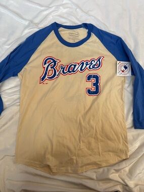 Atlanta Braves Raglan Baseball Tee - Blue Sleeves, Cream Body